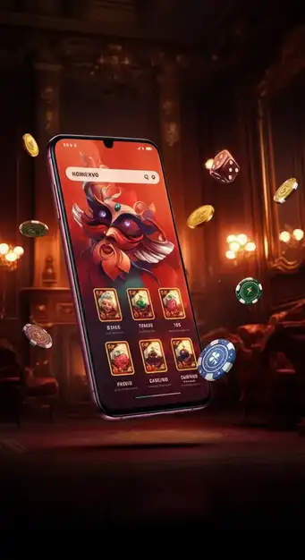 Woman happily playing slots on her mobile phone, powered by Casino Mate's seamless mobile platform, showcasing quick access and intuitive controls.